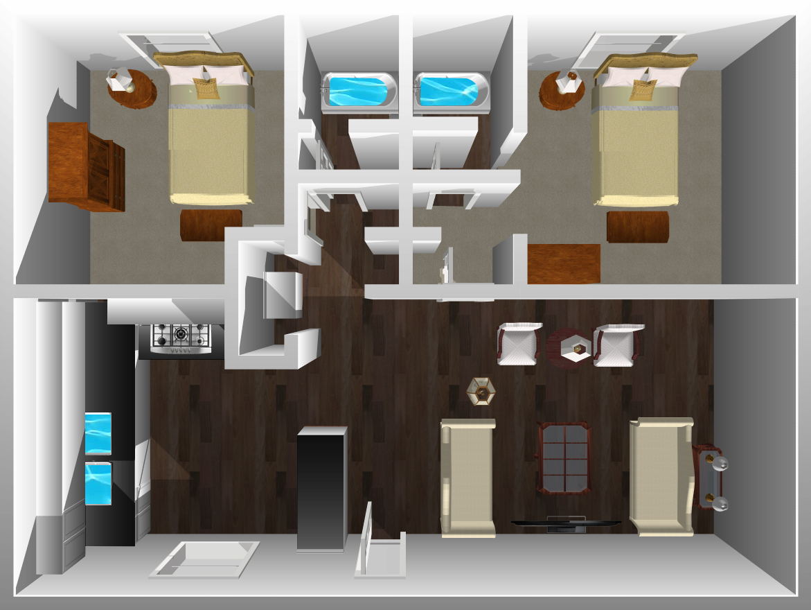 This image is the visual 3D representation of 'Floorplan C' in Hesperia Regency Apartments.